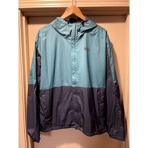 Men’s two-tone teal and navy blue REI Co-op Rainier Rain Jacket size Large
